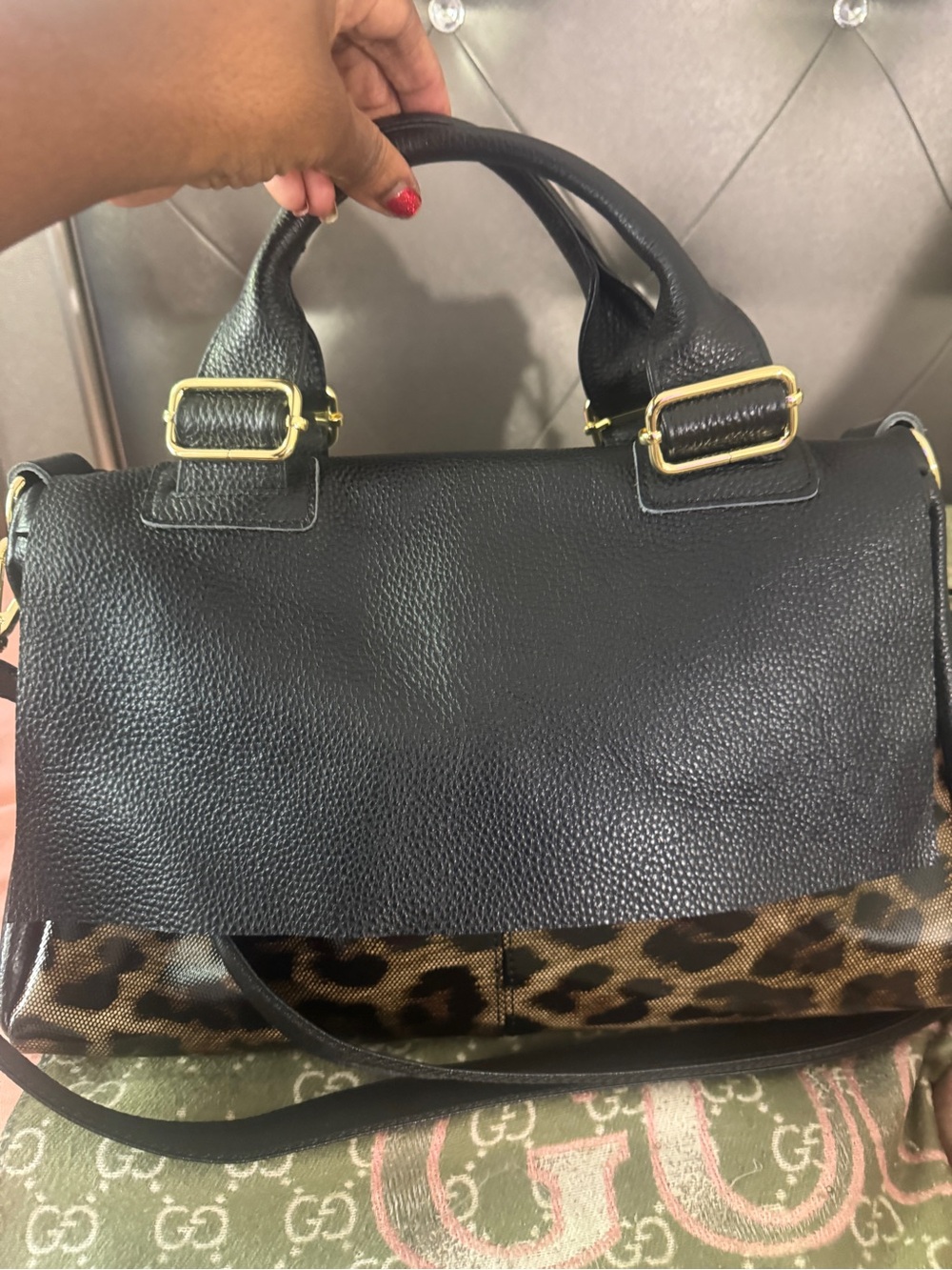 Black Pebbled Leather Handbag with Gold Hardware